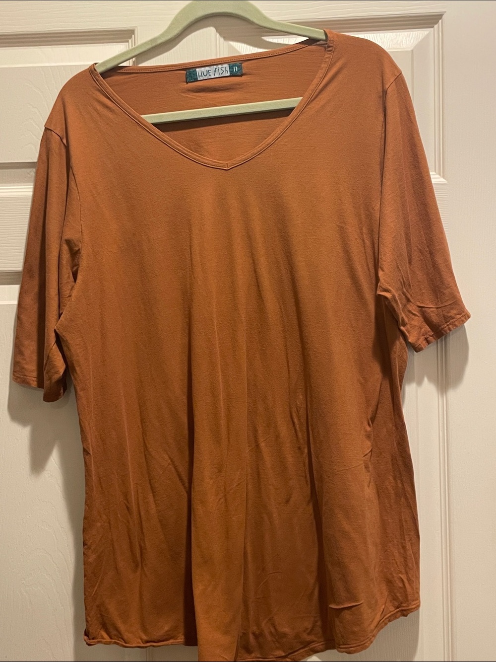 Blue Fish Rust-Orange V-Neck Short Sleeve Tee